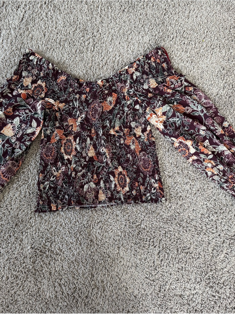 BB Dakota Burgundy Floral Off-Shoulder Smocked Crop Top